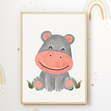 Laden Sie das Bild in den Galerie-Viewer, Affe Zebra Löwe Nilpferd Safari Tiere 4er Set Kinderzimmer Bilder DIN A4 Wandbilder Deko Babyzimmer Poster