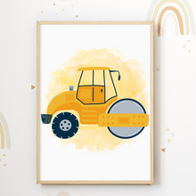 Laden Sie das Bild in den Galerie-Viewer, Baufahrzeuge Baustelle Walze Bagger Bilder 4er Set DIN A4 Kinderzimmer Wandbilder Babyzimmer Poster Dekoration