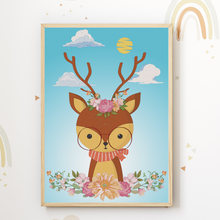 Laden Sie das Bild in den Galerie-Viewer, Waldtiere Blumen Bär Reh Bilder 4er Set DIN A4 Kinderzimmer Wandbilder Babyzimmer Poster Dekoration