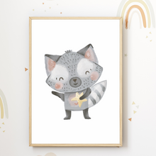 Laden Sie das Bild in den Galerie-Viewer, Niedliche Waldtiere 6er Set Kinderzimmer Bilder DIN A4 Wandbilder Deko Babyzimmer Poster - Hase Bär Waschbär Fuchs