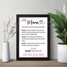 Laden Sie das Bild in den Galerie-Viewer, Danke Liebe Mama Poster Danksagung DIN A4 Kunstdruck Muttertag Geschenk Dankeschön Beste Mutter Wandbild Mama Geburtstag Weihnachten