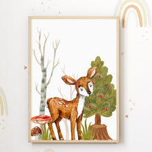 Laden Sie das Bild in den Galerie-Viewer, Niedliche Waldtiere Bilder 4er Set DIN A4 Kinderzimmer Wandbilder Babyzimmer Poster Dekoration - Reh Fuchs Bär Hase