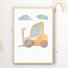 Laden Sie das Bild in den Galerie-Viewer, Bagger Bulldozer Gabelstapler 4er Set Kinderzimmer Bilder DIN A4 Poster Babyzimmer Wandbilder Dekoration Baustellenfahrzeuge