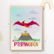 Laden Sie das Bild in den Galerie-Viewer, Dinosaurier Bilder 4er Set DIN A4 Kinderzimmer Wandbilder Babyzimmer Poster Dekoration Trex Brachiosaurus Triceratops Pteranodon