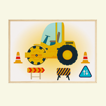 Laden Sie das Bild in den Galerie-Viewer, Baufahrzeuge Baustelle Walze Bagger Bilder 4er Set DIN A4 Kinderzimmer Wandbilder Babyzimmer Poster Dekoration