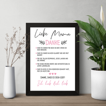Laden Sie das Bild in den Galerie-Viewer, Danke Mama Bild DIN A4 Poster Kunstdruck personalisierbar Muttertag Geschenk Danksagung Beste Mutter Wandbild