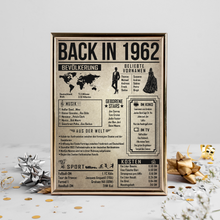 Laden Sie das Bild in den Galerie-Viewer, 64. Geburtstag Geschenkidee personalisierbar | Poster Jahrgang 1962 Geschenk | Back in 1962 Rückblick