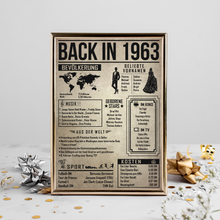 Laden Sie das Bild in den Galerie-Viewer, 63. Geburtstag Geschenkidee personalisierbar | Poster Jahrgang 1963 Geschenk | Back in 1963 Rückblick