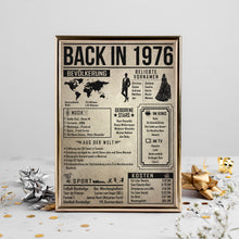 Laden Sie das Bild in den Galerie-Viewer, 50. Geburtstag Geschenkidee personalisierbar | Poster Jahrgang 1976 Geschenk | Back in 1976 Rückblick