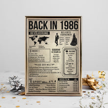 Laden Sie das Bild in den Galerie-Viewer, 40. Geburtstag Geschenkidee personalisierbar | Poster Jahrgang 1986 Geschenk | Back in 1986 Rückblick