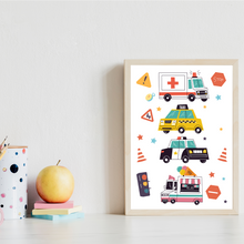Laden Sie das Bild in den Galerie-Viewer, Kinderposter 6er Set ABC Auto Fahrzeuge Lernposter Alphabet | Kinderzimmer Wandbilder Kindergarten Grundschule Lernhilfe für Kinder