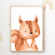 Laden Sie das Bild in den Galerie-Viewer, Waldtiere 6er Set Kinderzimmer Bilder DIN A4 Wandbilder Deko Babyzimmer Poster - Bär Fuchs Reh Waschbär Eichhörnchen Hase
