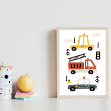Laden Sie das Bild in den Galerie-Viewer, Kinderposter 6er Set ABC Auto Fahrzeuge Lernposter Alphabet | Kinderzimmer Wandbilder Kindergarten Grundschule Kinder Lernhilfe Poster