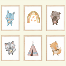 Laden Sie das Bild in den Galerie-Viewer, Niedliche Waldtiere 6er Set Kinderzimmer Bilder DIN A4 Wandbilder Deko Babyzimmer Poster - Hase Bär Waschbär Fuchs