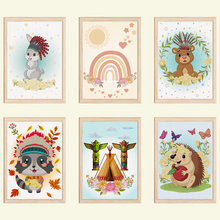 Laden Sie das Bild in den Galerie-Viewer, Waldtiere Bilder 6er Set DIN A4 Kinderzimmer Wandbilder Babyzimmer Poster Dekoration - Boho Regenbogen Hase Igel Bär Waschbär