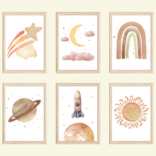 Laden Sie das Bild in den Galerie-Viewer, Pastell Weltraum Stern Mond Regenbogen Rakete Bilder 6er Set DIN A4 Kinderzimmer Wandbilder Babyzimmer Poster Dekoration