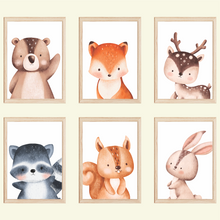 Laden Sie das Bild in den Galerie-Viewer, Waldtiere 6er Set Kinderzimmer Bilder DIN A4 Wandbilder Deko Babyzimmer Poster - Bär Fuchs Reh Waschbär Eichhörnchen Hase