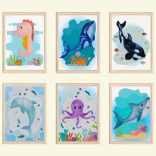 Laden Sie das Bild in den Galerie-Viewer, Meerestiere Seepferdchen Wal Delfin Bilder 6er Set DIN A4 Kinderzimmer Wandbilder Babyzimmer Poster Dekoration