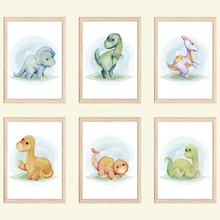 Laden Sie das Bild in den Galerie-Viewer, Dinosaurier Bilder 6er Set DIN A4 Kinderzimmer Wandbilder Babyzimmer Poster Dekoration