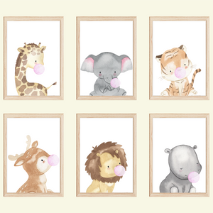 Safari Tiere Kaugummi 6er Set Bilder Giraffe Elefant Tiger Reh Löwe Kinderzimmer Deko DIN A4 Poster