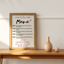 Laden Sie das Bild in den Galerie-Viewer, Danke Mama Kunstdruck DIN A4 Poster Muttertag Geschenk Dankesagung Beste Mutter Wandbild Mama Geburtstag Weihnachten