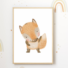 Laden Sie das Bild in den Galerie-Viewer, Niedliche Waldtiere 6er Set Kinderzimmer Bilder DIN A4 Wandbilder Deko Babyzimmer Poster - Hase Bär Waschbär Fuchs