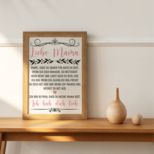 Laden Sie das Bild in den Galerie-Viewer, Liebe Mama Poster Kunstdruck DIN A4 Danksagung Muttertag Geschenk Dankeschön Beste Mutter Wandbild Mama Geburtstag Weihnachten