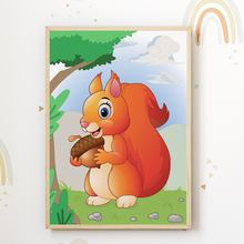 Laden Sie das Bild in den Galerie-Viewer, Niedliche Waldtiere Bilder 6er Set DIN A4 Kinderzimmer Wandbilder Babyzimmer Poster Dekoration - Reh Bär Fuchs Waschbär Hase Eichhörnchen