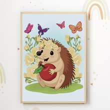Laden Sie das Bild in den Galerie-Viewer, Waldtiere Bilder 6er Set DIN A4 Kinderzimmer Wandbilder Babyzimmer Poster Dekoration - Boho Regenbogen Hase Igel Bär Waschbär