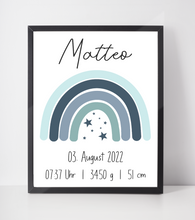 Laden Sie das Bild in den Galerie-Viewer, Blauer Regenbogen Geburtsposter Personalisiert Name Uhrzeit Größe Gewicht | Kinderzimmer Babygeschenk | Geburt Baby Poster