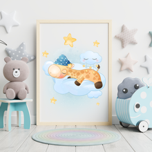 Laden Sie das Bild in den Galerie-Viewer, 3er Set Poster für Kinderzimmer Bilder Babyzimmer Babyparty Kinderposter Giraffe Blau