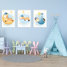 Laden Sie das Bild in den Galerie-Viewer, 3er Set Poster für Kinderzimmer Bilder Babyzimmer Babyparty Kinderposter Giraffe Blau