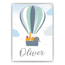 Laden Sie das Bild in den Galerie-Viewer, Kinderposter personalisiert Name | Kinderzimmer Bild Heißluftballon Safari Tiere