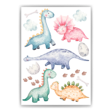Laden Sie das Bild in den Galerie-Viewer, Dinosaurier Bild Kinderzimmer Bunte Dino Deko DIN A4 Poster Babyzimmer Wandbild
