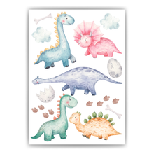 Laden Sie das Bild in den Galerie-Viewer, Dinosaurier Bild Kinderzimmer Bunte Dino Deko DIN A4 Poster Babyzimmer Wandbild