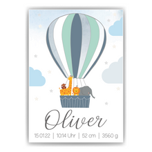 Laden Sie das Bild in den Galerie-Viewer, Geburtsposter personalisiert | Heißluftballon Safari Tiere Kinderposter Kinderzimmer Bild Babyposter