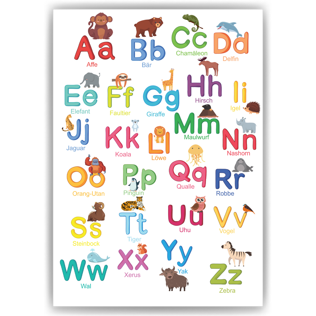 Kinderposter Tiere ABC Lernposter Kinderzimmer Wandbild Einschulung Kindergarten Grundschule Alphabet Lernhilfe für Kinder