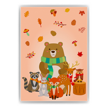 Laden Sie das Bild in den Galerie-Viewer, Waldtiere im Herbst Bild DIN A4 Kinderzimmer Wandbild Babyzimmer Poster Dekoration