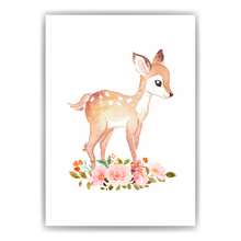 Laden Sie das Bild in den Galerie-Viewer, Reh Blumen Waldtier Bild DIN A4 Kinderzimmer Wandbild Deko Babyzimmer Poster