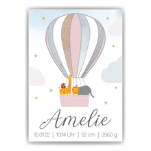 Laden Sie das Bild in den Galerie-Viewer, Geburtsposter personalisiert | Heißluftballon Safari Tiere Babyposter Kinderzimmer Bild Kinderposter