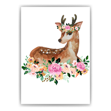 Laden Sie das Bild in den Galerie-Viewer, Reh Blumenkranz Bild Kinderzimmer Dino Deko DIN A4 Poster Babyzimmer Wandbild