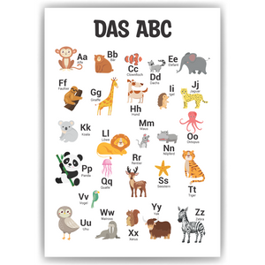 Kinderposter Tiere ABC Lernposter Kinderzimmer Wandbild Einschulung Kindergarten Grundschule Alphabet Buchstaben Lernhilfe für Kinder