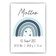 Laden Sie das Bild in den Galerie-Viewer, Blauer Regenbogen Geburtsposter Personalisiert Name Uhrzeit Größe Gewicht | Kinderzimmer Babygeschenk | Geburt Baby Poster