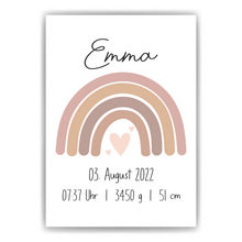 Laden Sie das Bild in den Galerie-Viewer, Rosa Regenbogen Geburtsposter Personalisiert Name Uhrzeit Größe Gewicht | Kinderzimmer Babygeschenk | Geburt Baby Poster