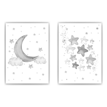 Laden Sie das Bild in den Galerie-Viewer, Mond Sterne 2er Set Bilder Kinderzimmer Deko DIN A4 Poster Babyzimmer Wandbilder
