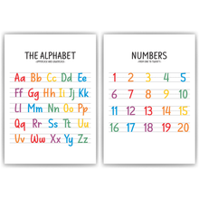 Laden Sie das Bild in den Galerie-Viewer, Englisch ABC Kinderposter 2er Set Alphabet Lernposter Buchstaben & Zahlen | Kinderzimmer Wandbilder Lernhilfe für Kinder