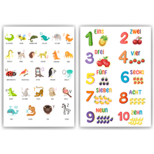 Laden Sie das Bild in den Galerie-Viewer, Kinderposter 2er Set Tier ABC, Zahlen Lernposter Kinderzimmer Wandbilder Kindergarten Grundschule Alphabet Kinder Lernhilfe Poster