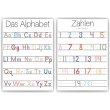 Laden Sie das Bild in den Galerie-Viewer, ABC Kinderposter 2er Set Alphabet Lernposter Buchstaben & Zahlen | Kinderzimmer Wandbilder Kindergarten Grundschule Kinder Lernhilfe Poster