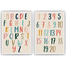 Laden Sie das Bild in den Galerie-Viewer, ABC Kinderposter 2er Set Alphabet Lernposter Buchstaben & Zahlen | Kinderzimmer Wandbilder Kindergarten Grundschule Lernhilfe für Kinder