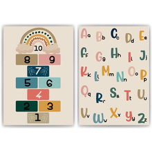 Laden Sie das Bild in den Galerie-Viewer, ABC Kinderposter Alphabet 2er Set Lernposter Buchstaben & Zahlen | Kinderzimmer Wandbilder Kindergarten Grundschule Lernhilfe für Kinder